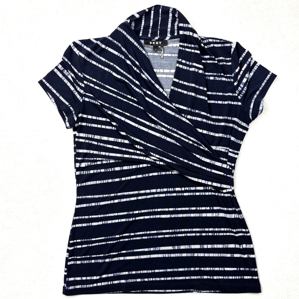 DKNY Womens Navy Blue White Striped Draped Wrap Front Surplice Top Size S
